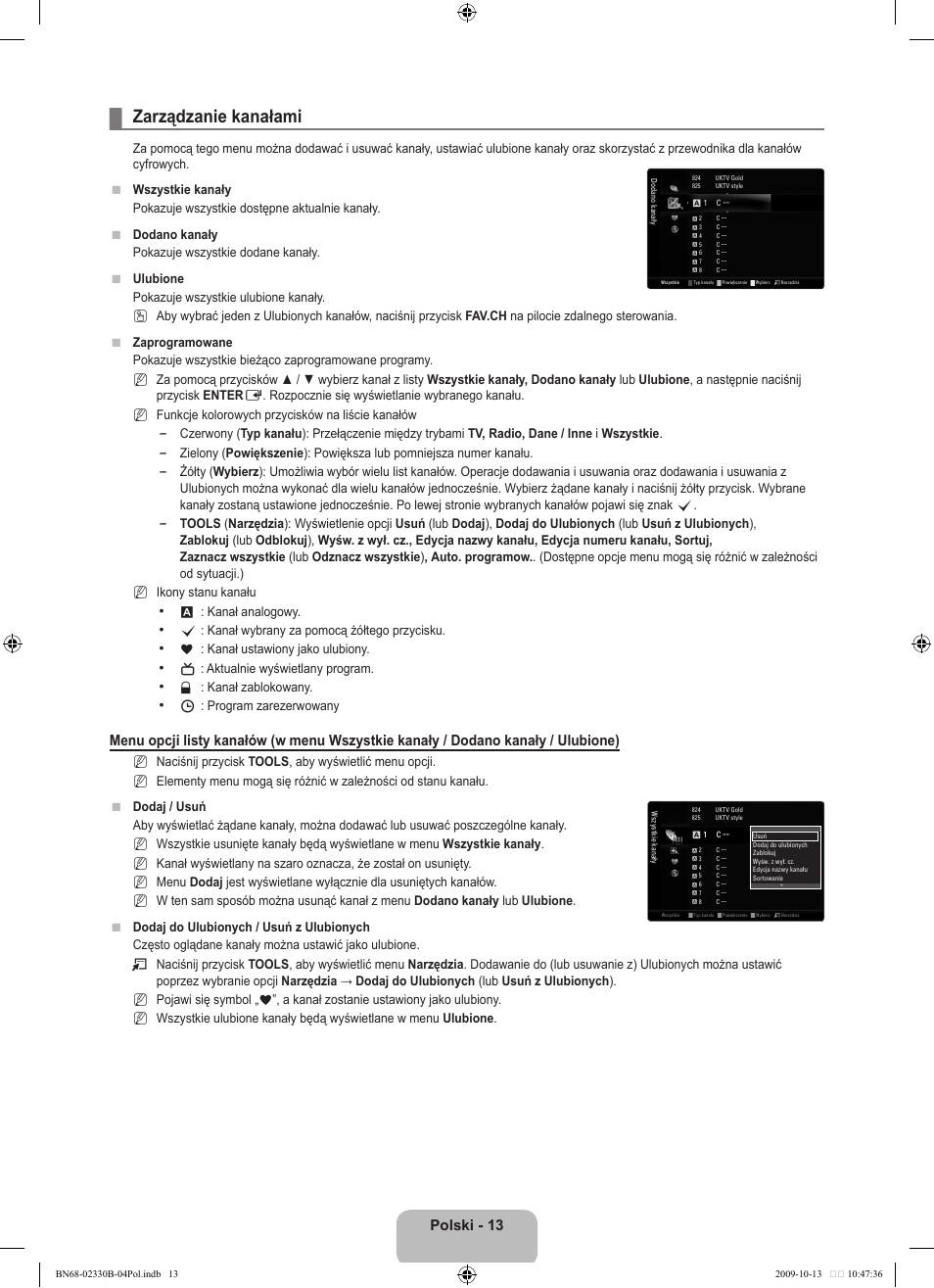 Zarządzanie kanałami, Polski | Samsung UE40B8000XW User Manual | Page 165 / 702