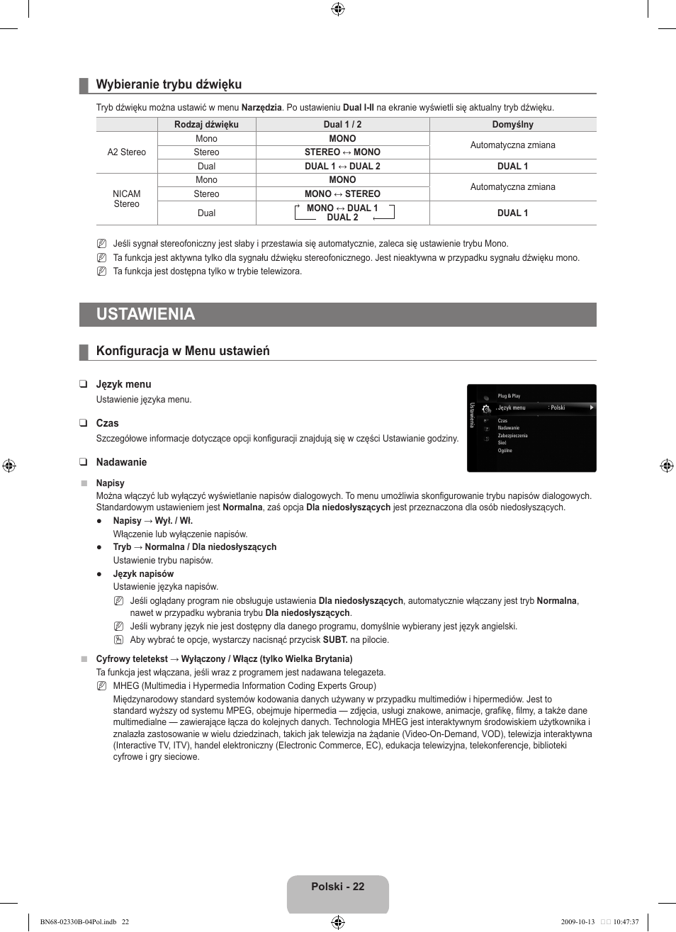 Ustawienia, Wybieranie trybu dźwięku, Konfiguracja w menu ustawień | Samsung UE40B8000XW User Manual | Page 174 / 702