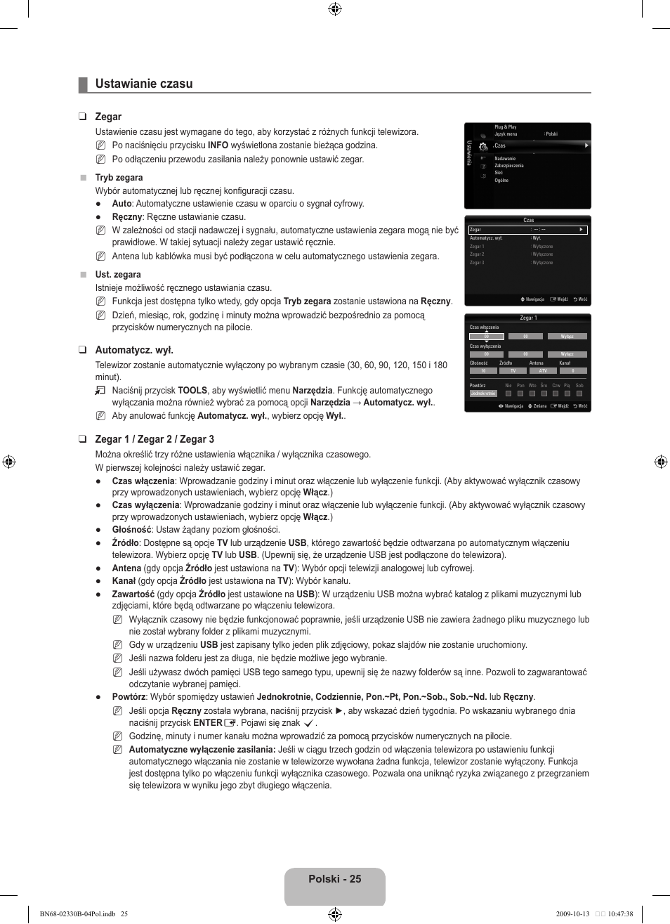 Ustawianie czasu, Polski, Zegar | Automatycz. wył, Zegar  / zegar  / zegar | Samsung UE40B8000XW User Manual | Page 177 / 702