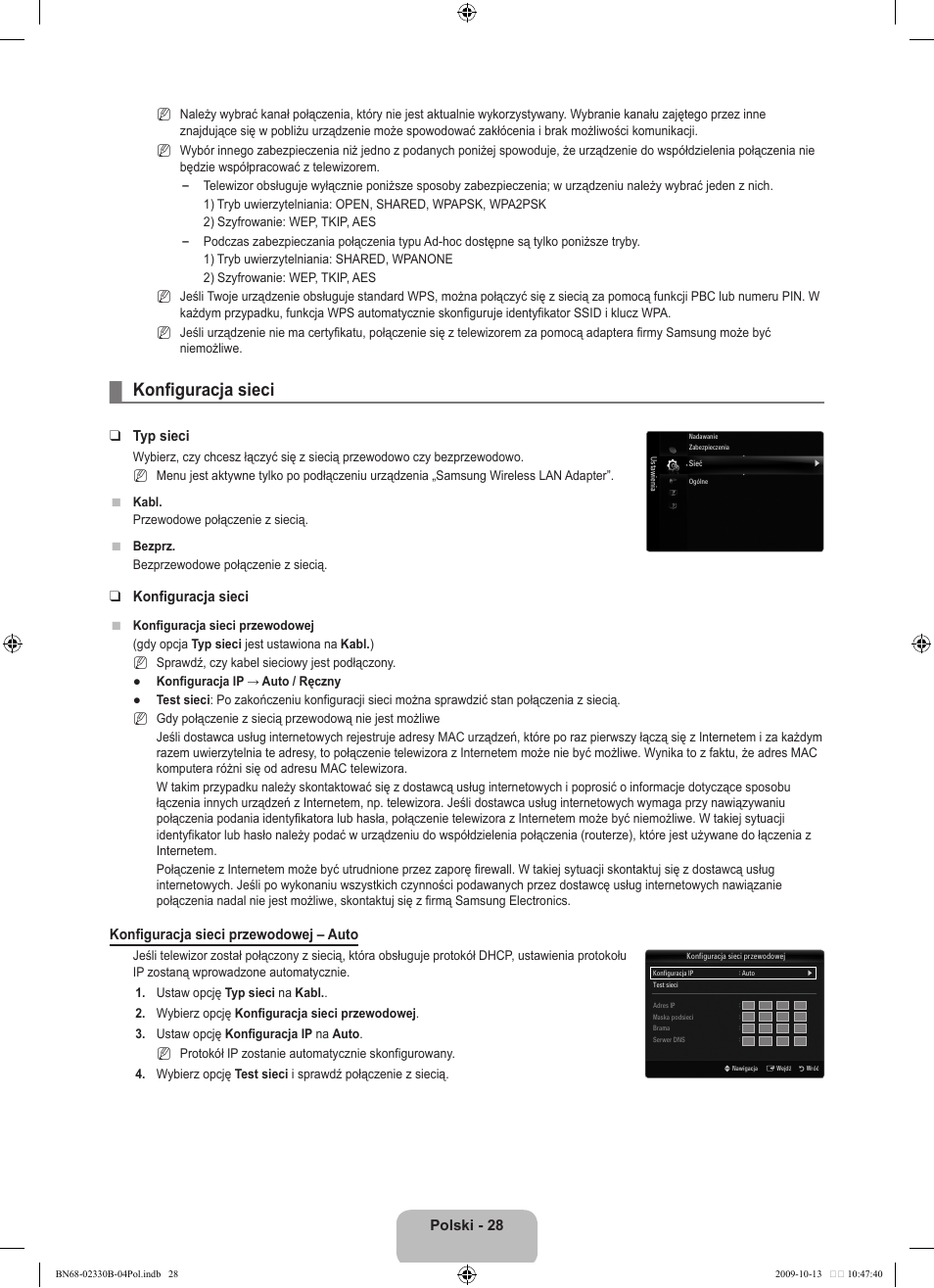 Konfiguracja sieci, Polski, Typ sieci | Konfiguracja sieci przewodowej – auto | Samsung UE40B8000XW User Manual | Page 180 / 702