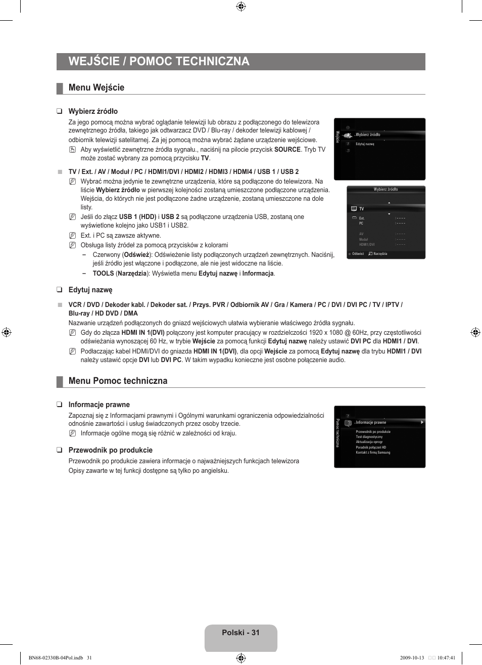 Wejście / pomoc techniczna, Menu wejście, Menu pomoc techniczna | Samsung UE40B8000XW User Manual | Page 183 / 702