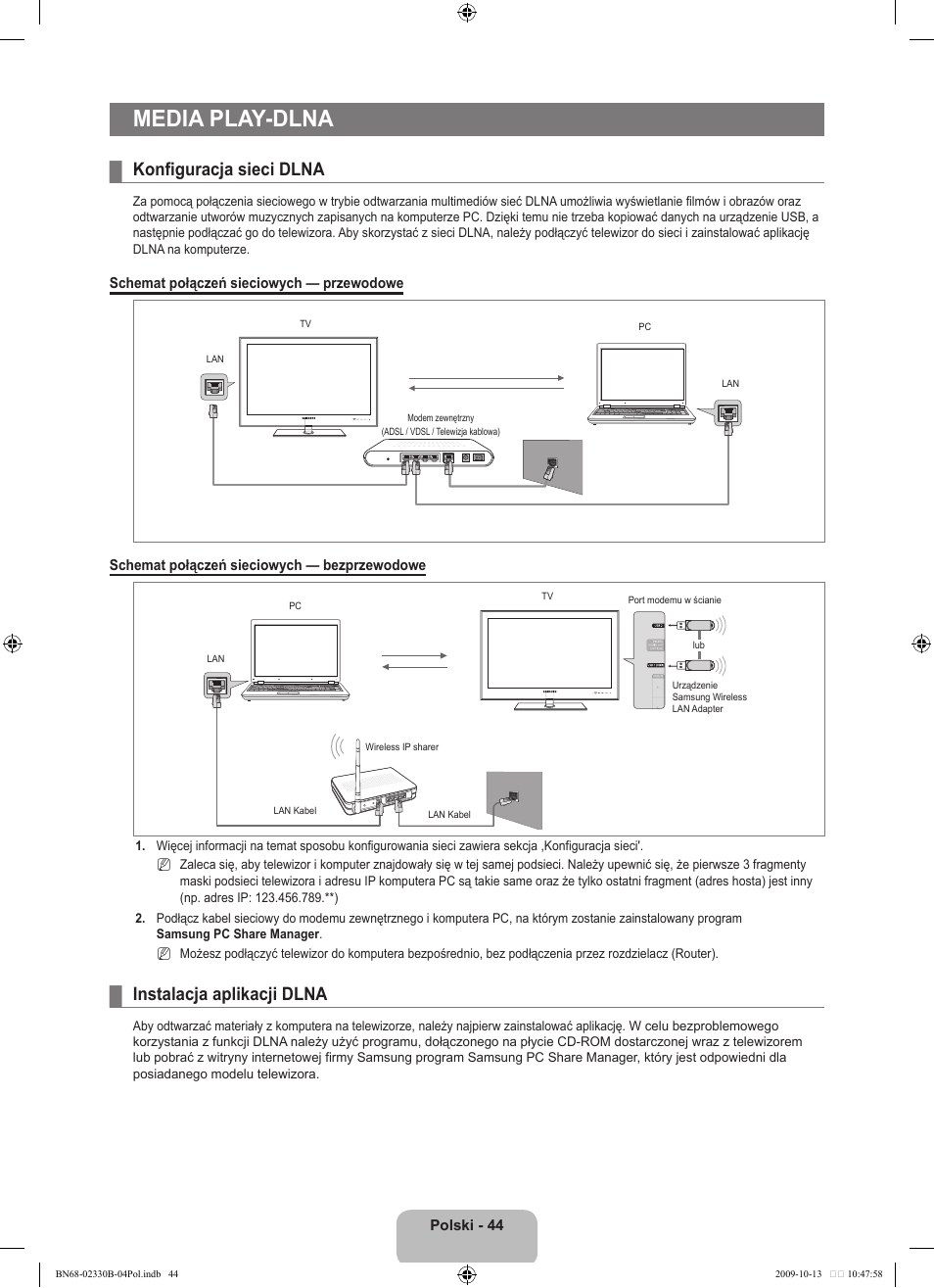 Media play-dlna, Konfiguracja sieci dlna, Instalacja aplikacji dlna | Samsung UE40B8000XW User Manual | Page 196 / 702