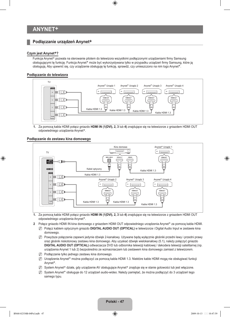Anynet, Podłączanie urządzeń anynet | Samsung UE40B8000XW User Manual | Page 199 / 702