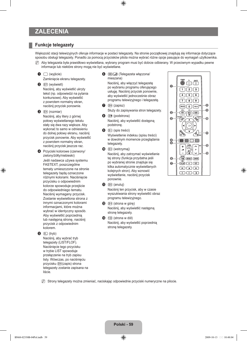 Zalecenia, Funkcje telegazety | Samsung UE40B8000XW User Manual | Page 211 / 702