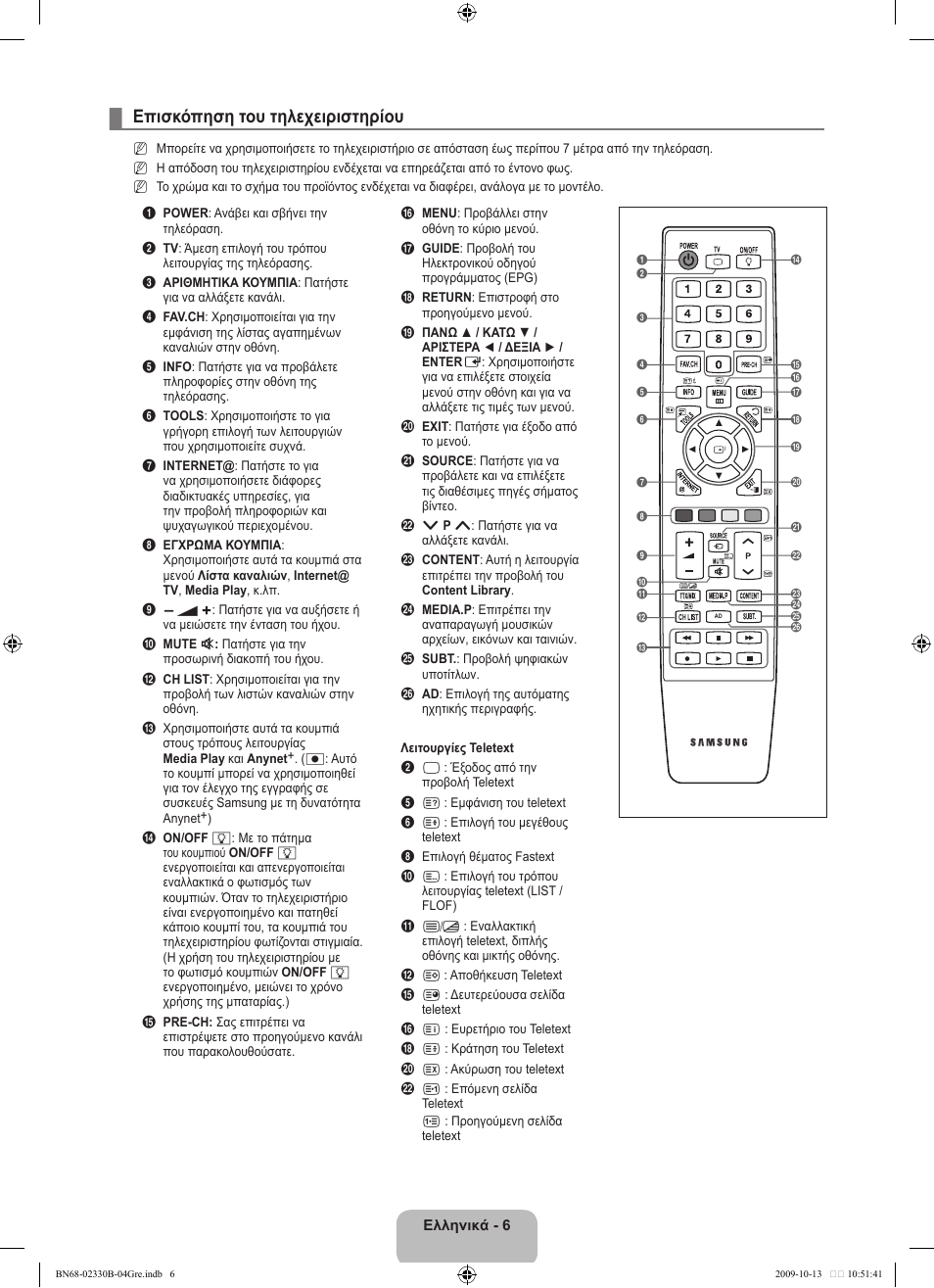 Επισκόπηση του τηλεχειριστηρίου | Samsung UE40B8000XW User Manual | Page 226 / 702