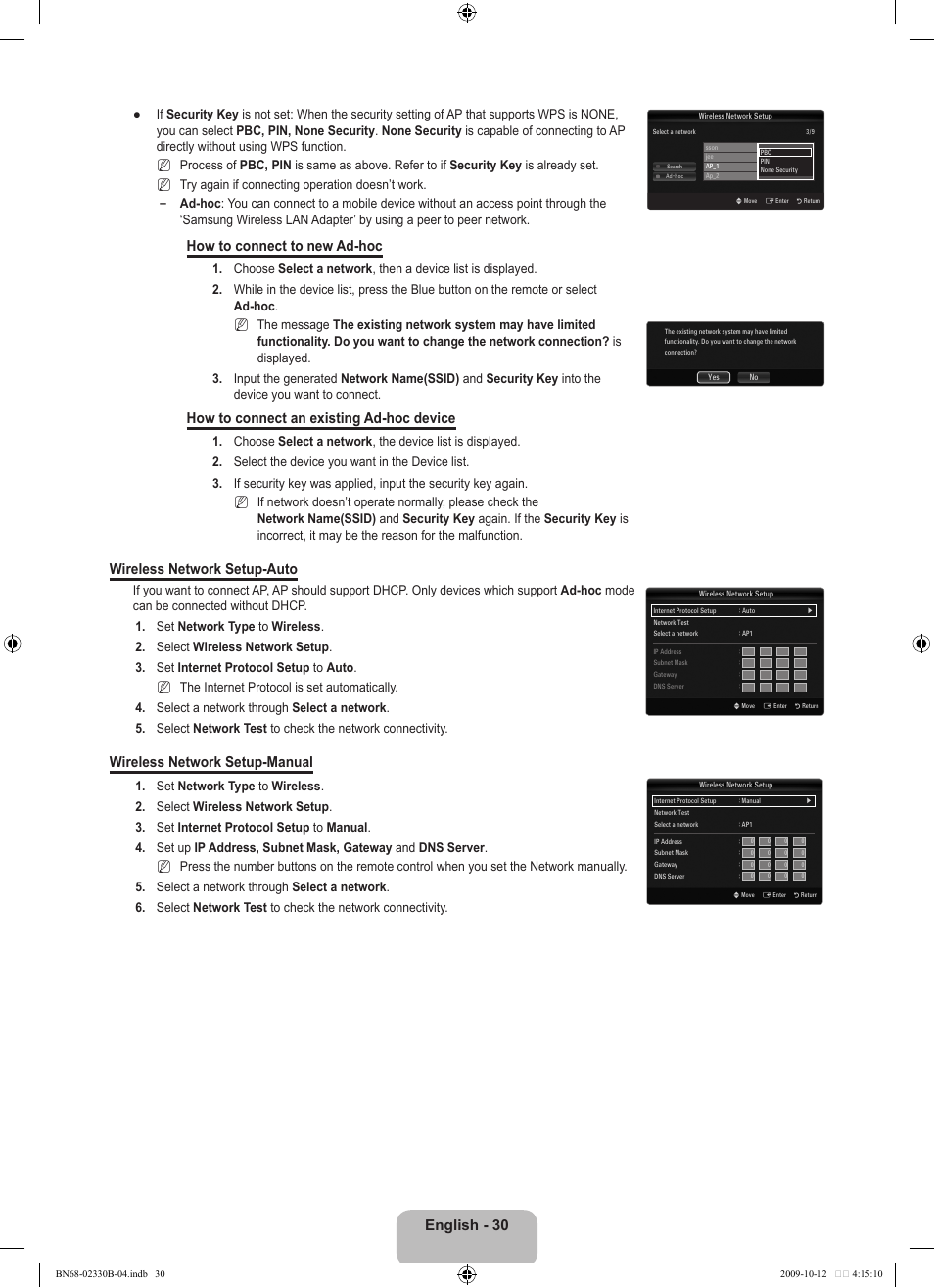 English - 30, How to connect to new ad-hoc, How to connect an existing ad-hoc device | Wireless network setup-auto, Wireless network setup-manual | Samsung UE40B8000XW User Manual | Page 32 / 702