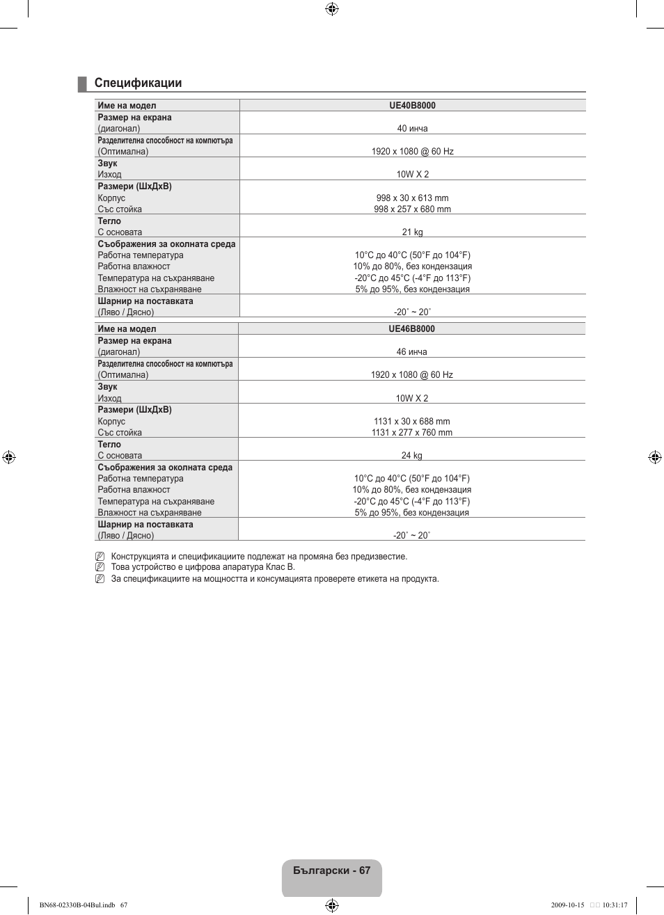 Спецификации | Samsung UE40B8000XW User Manual | Page 355 / 702