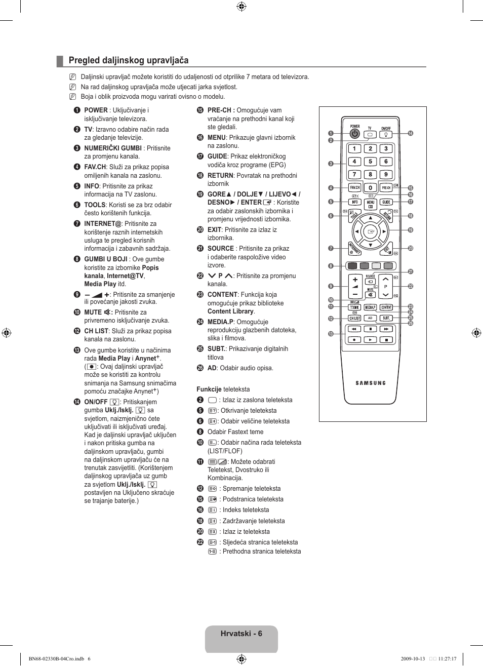Pregled daljinskog upravljača | Samsung UE40B8000XW User Manual | Page 362 / 702