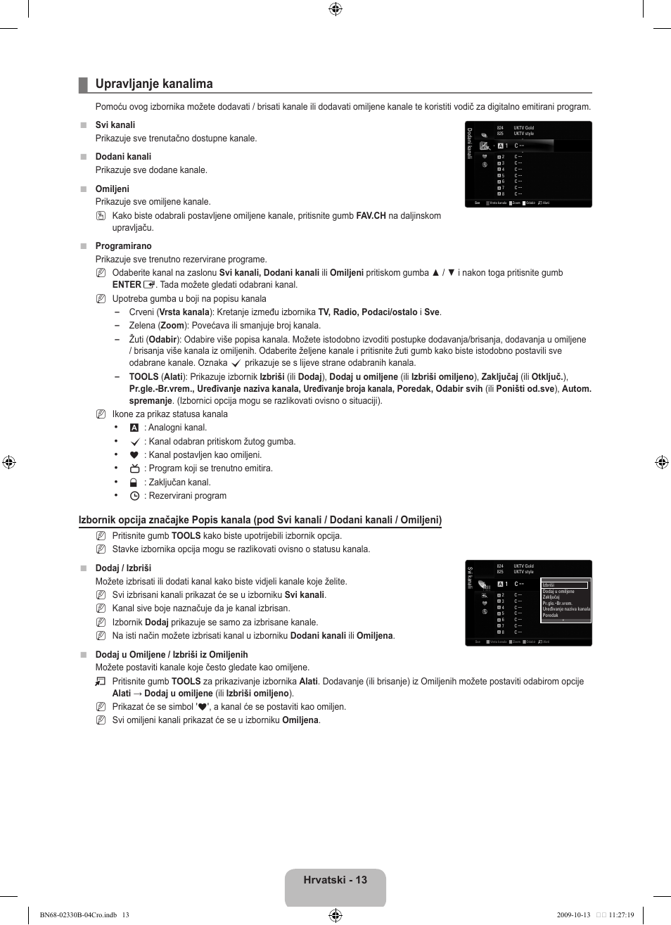 Upravljanje kanalima, Hrvatski - 13 | Samsung UE40B8000XW User Manual | Page 369 / 702