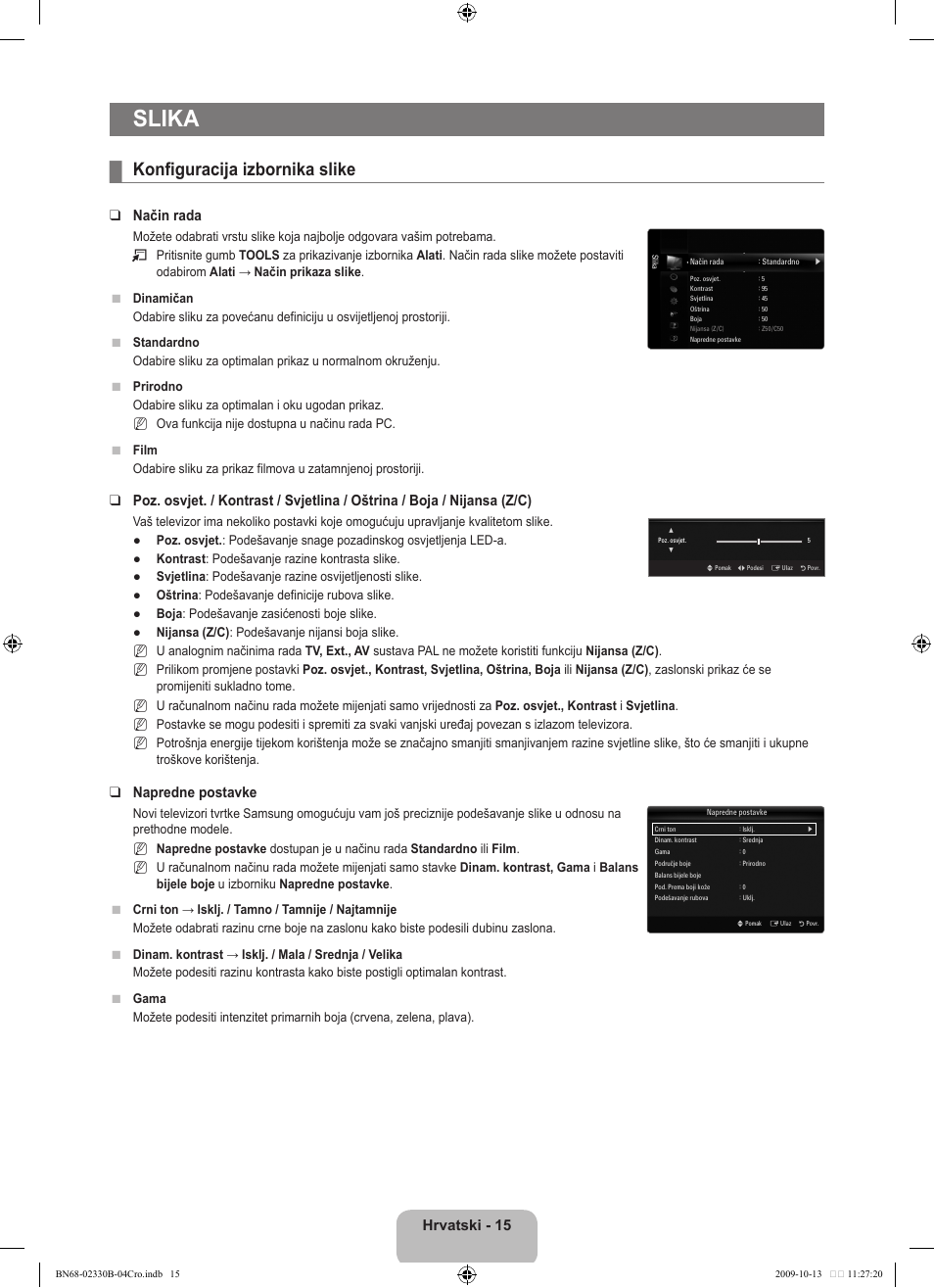 Slika, Konfiguracija izbornika slike, Hrvatski - 15 | Način rada, Napredne postavke | Samsung UE40B8000XW User Manual | Page 371 / 702