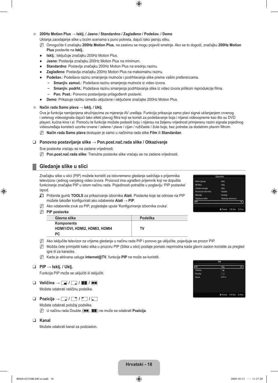 Gledanje slike u slici, Hrvatski - 1, Pip → isklj. / uklj | Veličina → х / г / а / œ, Pozicija → ã / – / — / œ, Kanal | Samsung UE40B8000XW User Manual | Page 374 / 702