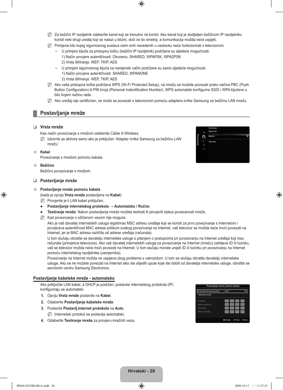 Postavljanje mreže, Hrvatski - 2, Vrsta mreže | Postavljanje kabelske mreže - automatsko | Samsung UE40B8000XW User Manual | Page 384 / 702