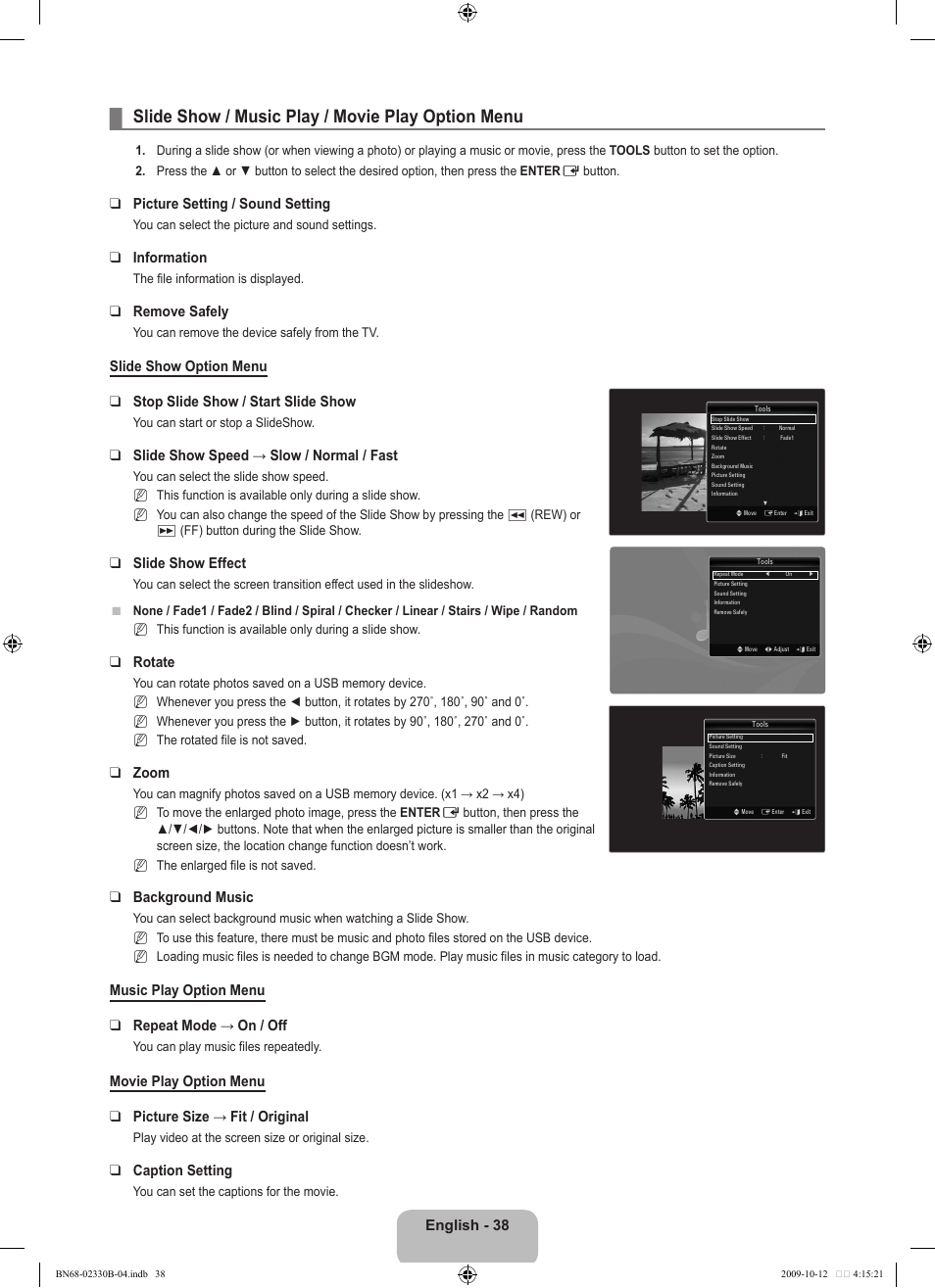 Slide show / music play / movie play option menu | Samsung UE40B8000XW User Manual | Page 40 / 702