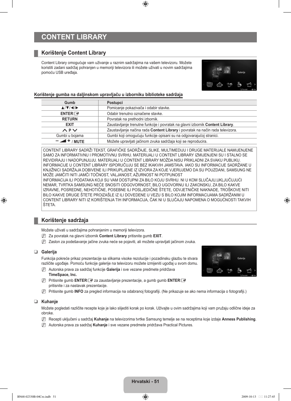 Content library, Korištenje content library, Korištenje sadržaja | Samsung UE40B8000XW User Manual | Page 407 / 702