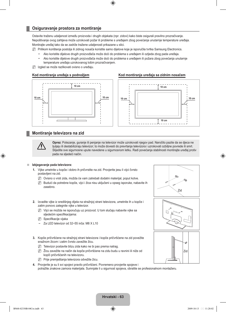 Osiguravanje prostora za montiranje, Montiranje televizora na zid | Samsung UE40B8000XW User Manual | Page 419 / 702
