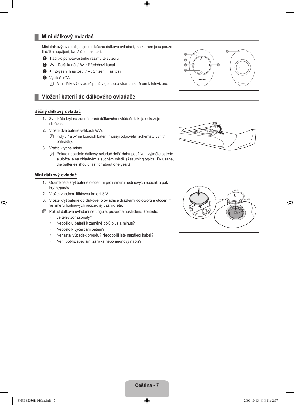 Mini dálkový ovladač, Vložení baterií do dálkového ovladače | Samsung UE40B8000XW User Manual | Page 431 / 702