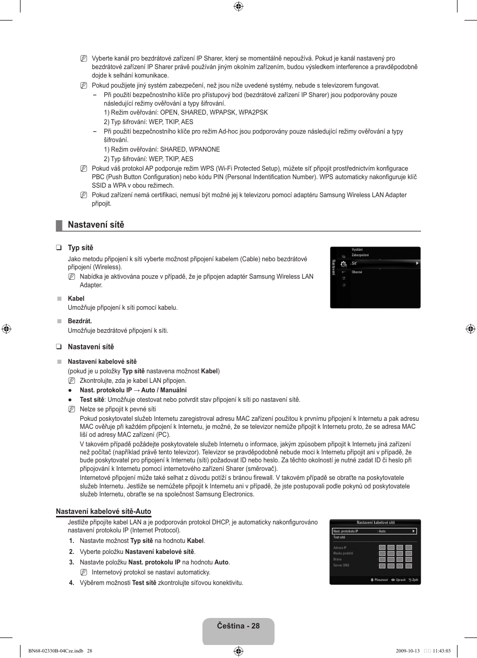 Nastavení sítě, Čeština, Typ sítě | Nastavení kabelové sítě-auto | Samsung UE40B8000XW User Manual | Page 452 / 702