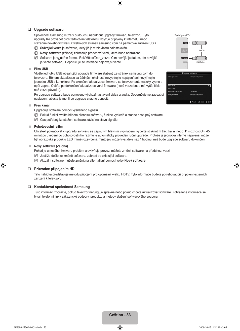 Čeština -  upgrade softwaru, Průvodce připojením hd, Kontaktovat společnost samsung | Samsung UE40B8000XW User Manual | Page 457 / 702