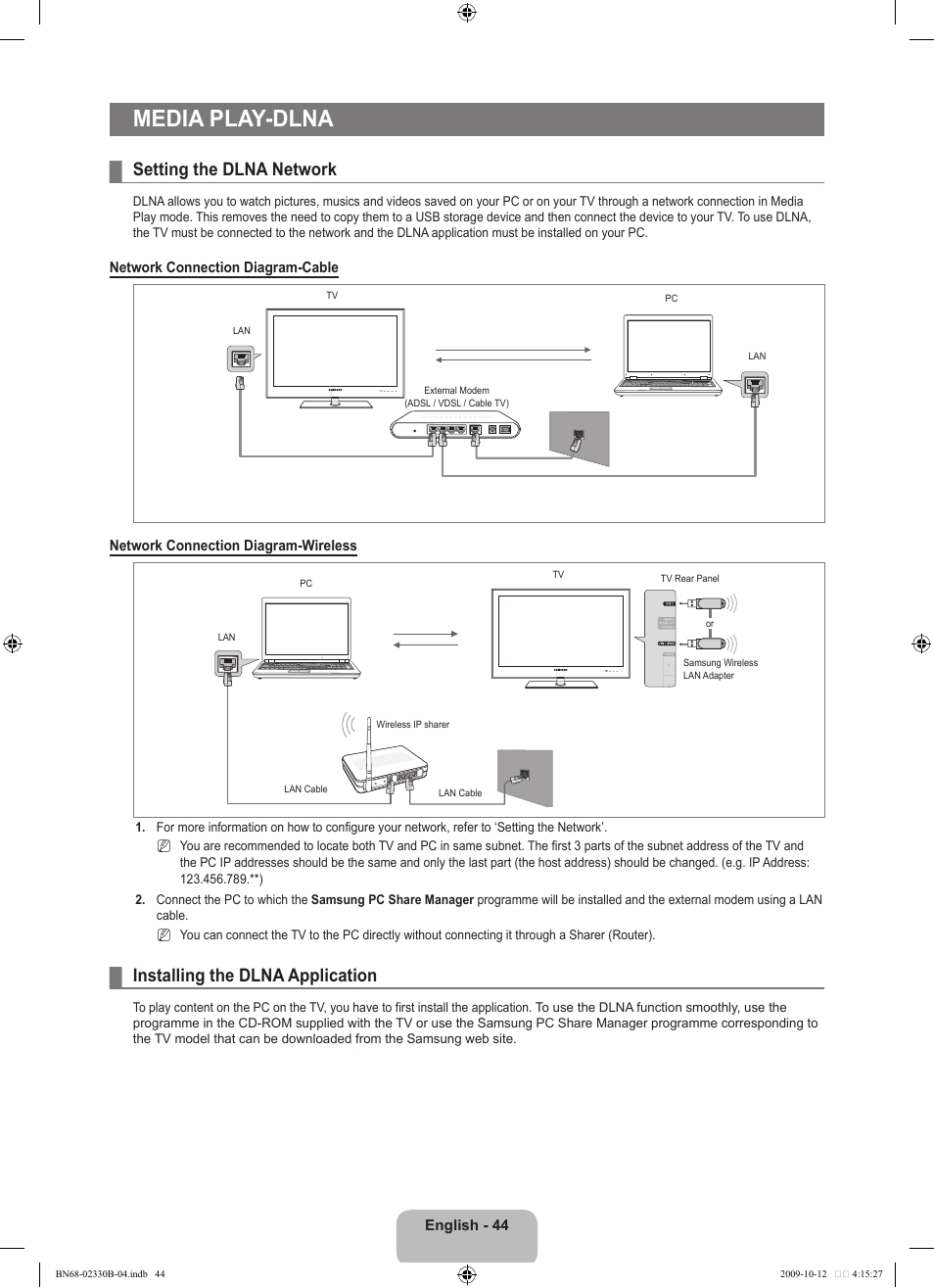 Media play -dlna, Setting the dlna network, Installing the dlna application | Media play-dlna | Samsung UE40B8000XW User Manual | Page 46 / 702