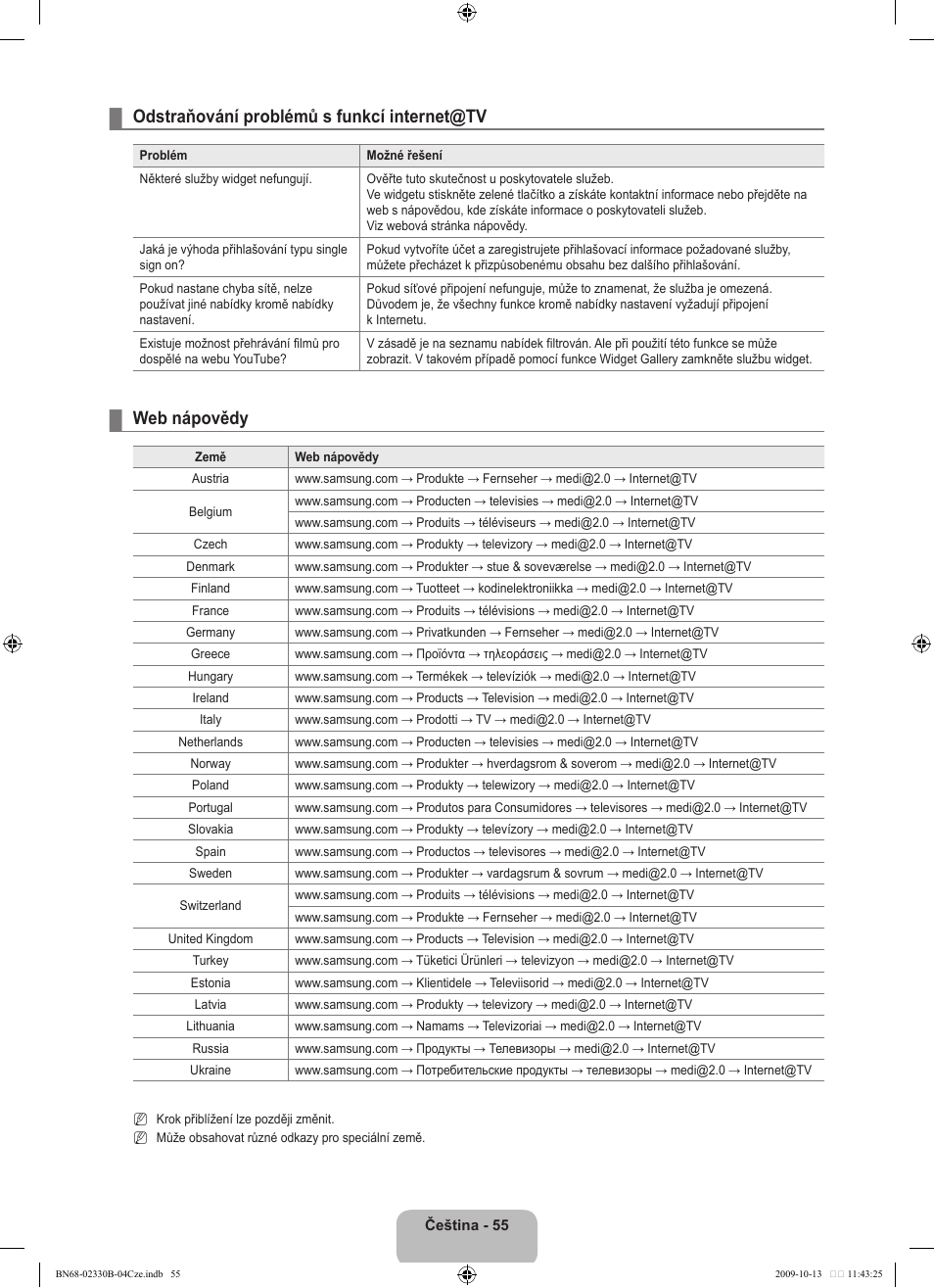 Odstraňování problémů s funkcí internet@tv, Web nápovědy | Samsung UE40B8000XW User Manual | Page 479 / 702