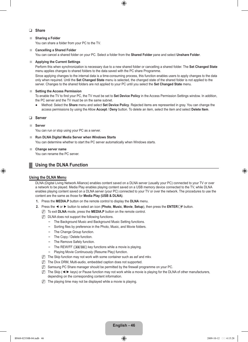 Using the dlna function | Samsung UE40B8000XW User Manual | Page 48 / 702