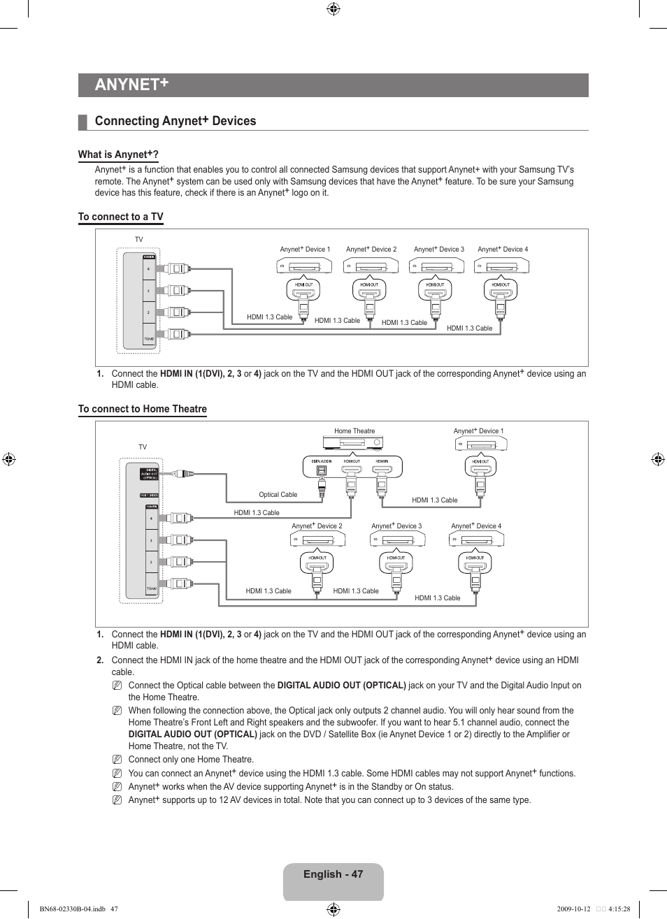 Anynet, Connecting anynet+ devices | Samsung UE40B8000XW User Manual | Page 49 / 702