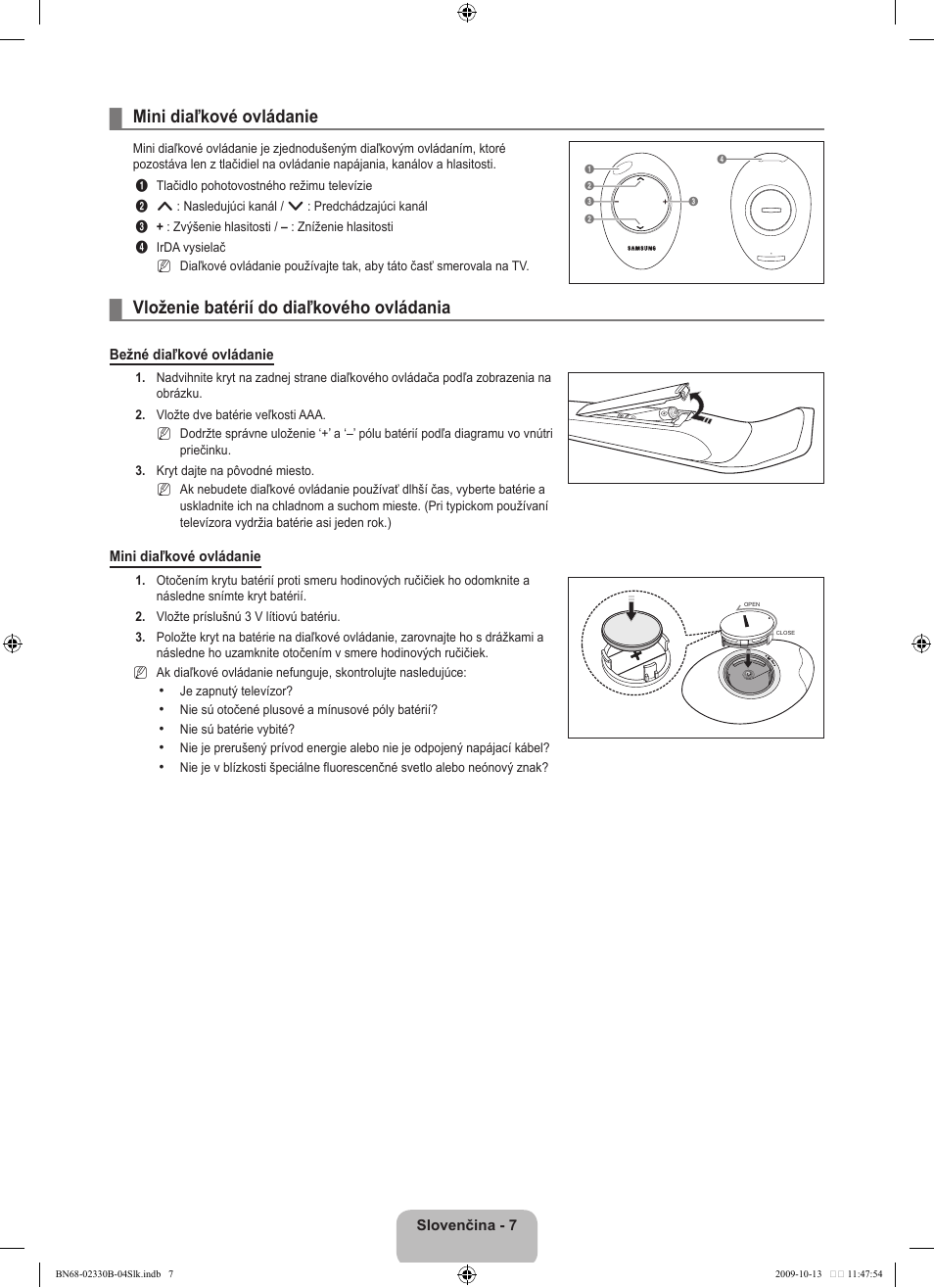Mini diaľkové ovládanie, Vloženie batérií do diaľkového ovládania | Samsung UE40B8000XW User Manual | Page 499 / 702