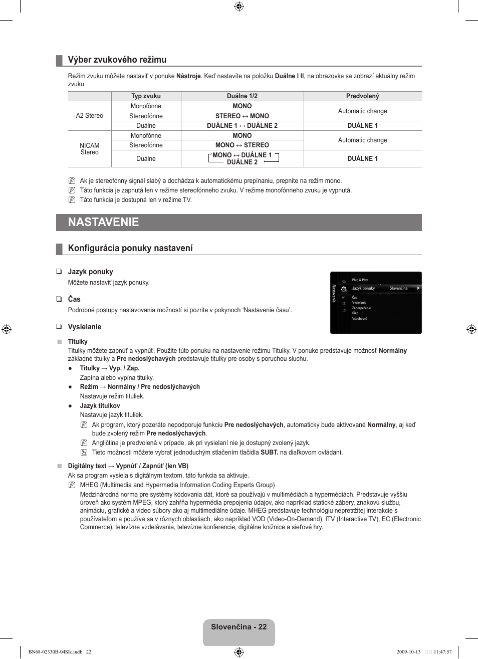 Nastavenie, Výber zvukového režimu, Konfigurácia ponuky nastavení | Samsung UE40B8000XW User Manual | Page 514 / 702