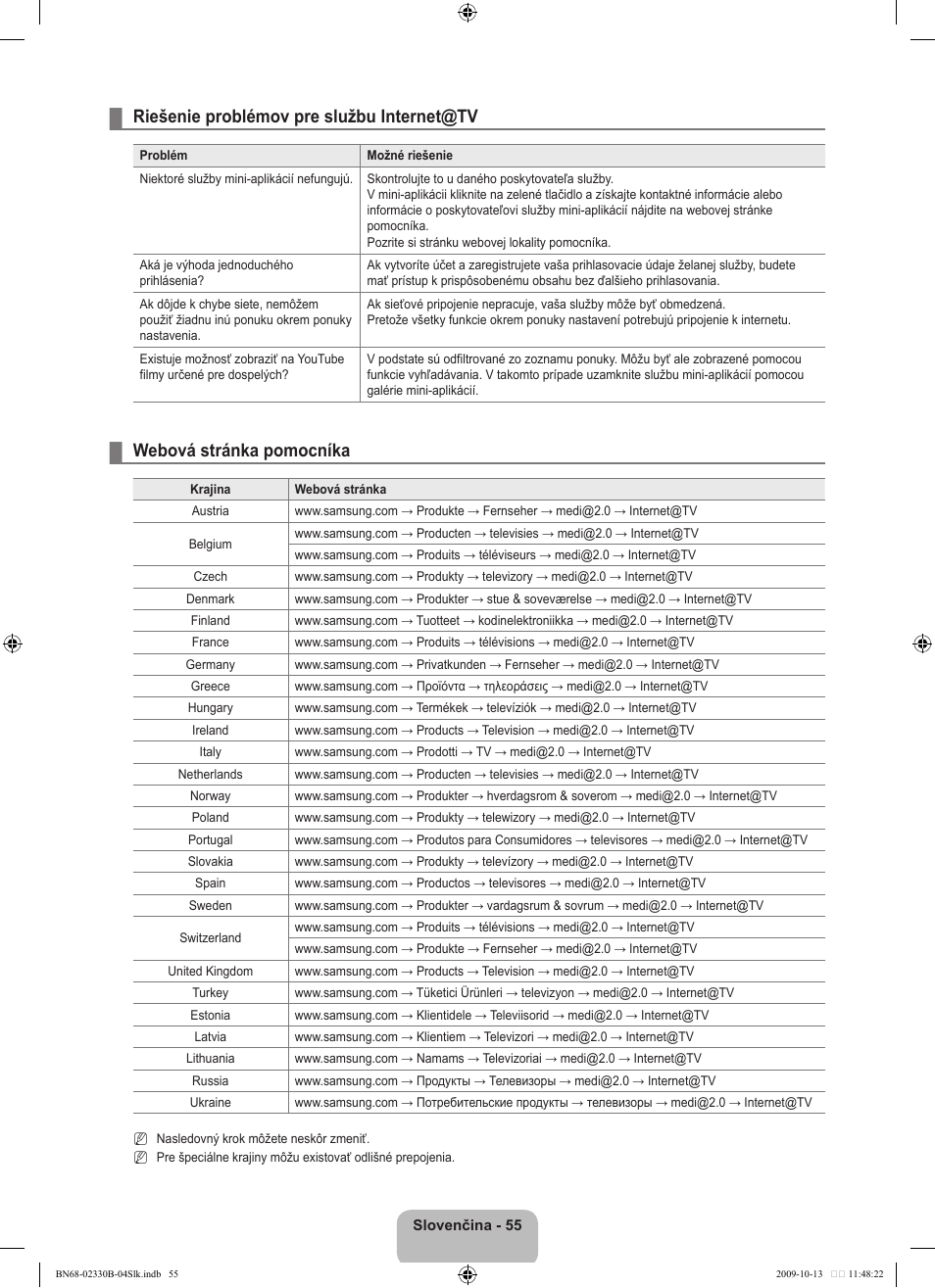 Riešenie problémov pre službu internet@tv, Webová stránka pomocníka | Samsung UE40B8000XW User Manual | Page 547 / 702