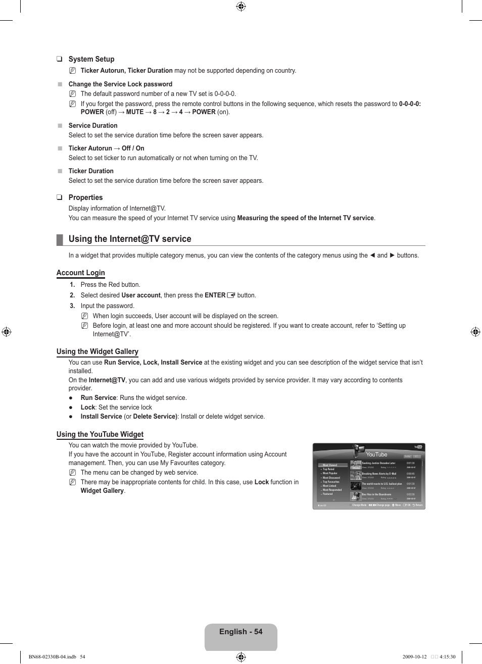 Using the internet@tv service, English - 54 system setup, Properties | Account login, Using the widget gallery, Using the youtube widget | Samsung UE40B8000XW User Manual | Page 56 / 702