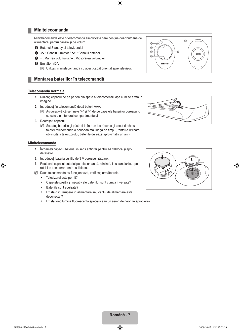Minitelecomanda, Montarea bateriilor în telecomandă | Samsung UE40B8000XW User Manual | Page 567 / 702