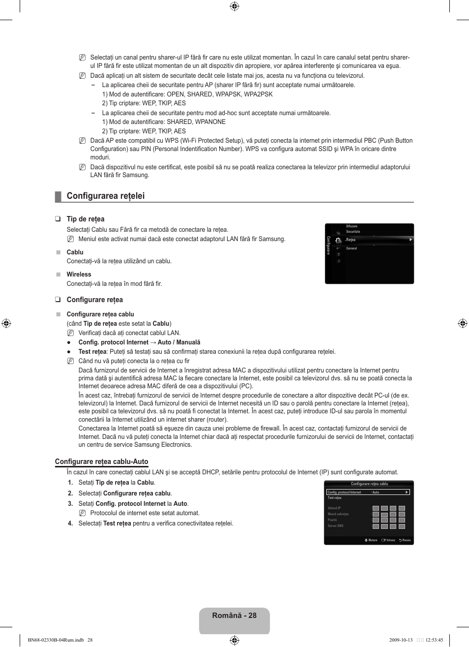 Configurarea reţelei, Română, Tip de reţea | Configurare reţea, Configurare reţea cablu-auto | Samsung UE40B8000XW User Manual | Page 588 / 702