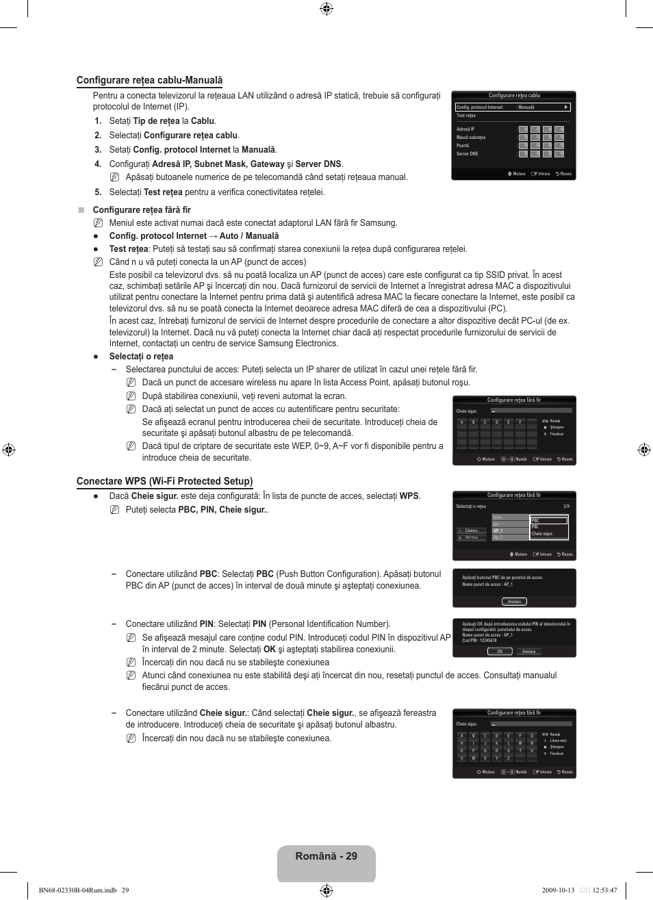 Română -  configurare reţea cablu-manuală, Conectare wps (wi-fi protected setup) | Samsung UE40B8000XW User Manual | Page 589 / 702