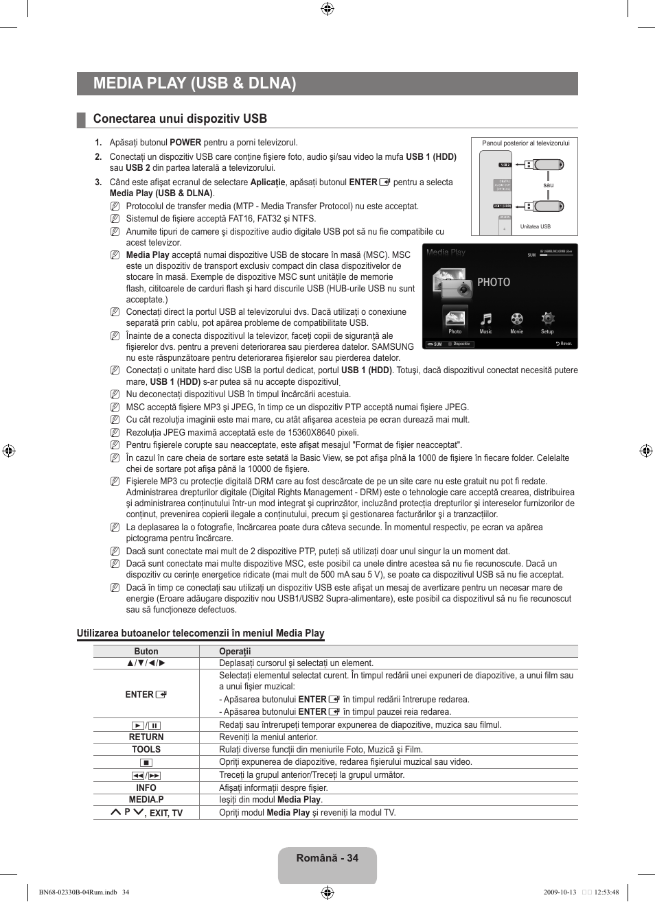 Media play (usb & dlna), Conectarea unui dispozitiv usb, Photo | Samsung UE40B8000XW User Manual | Page 594 / 702