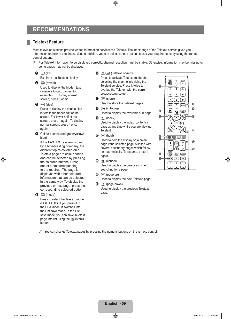 Recommendations, Teletext feature | Samsung UE40B8000XW User Manual | Page 61 / 702