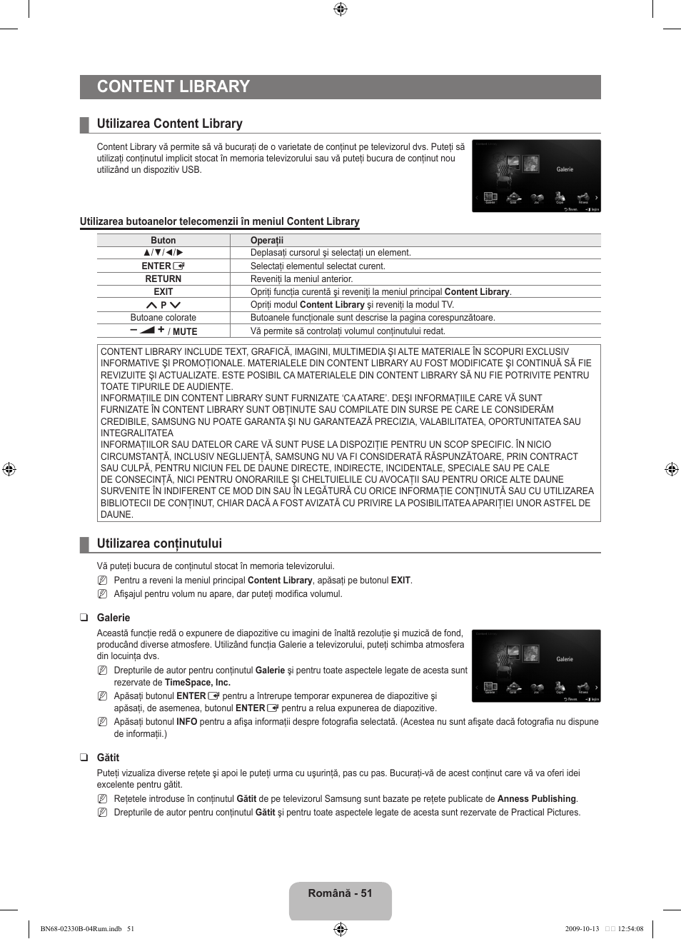 Content library, Utilizarea content library, Utilizarea conţinutului | Samsung UE40B8000XW User Manual | Page 611 / 702