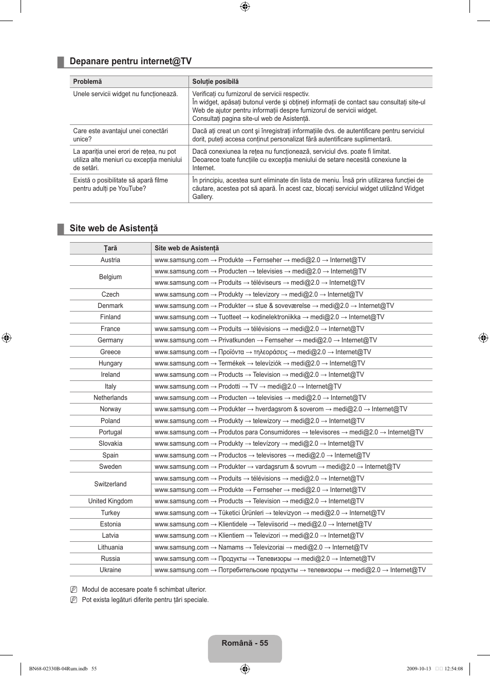 Depanare pentru internet@tv, Site web de asistenţă | Samsung UE40B8000XW User Manual | Page 615 / 702