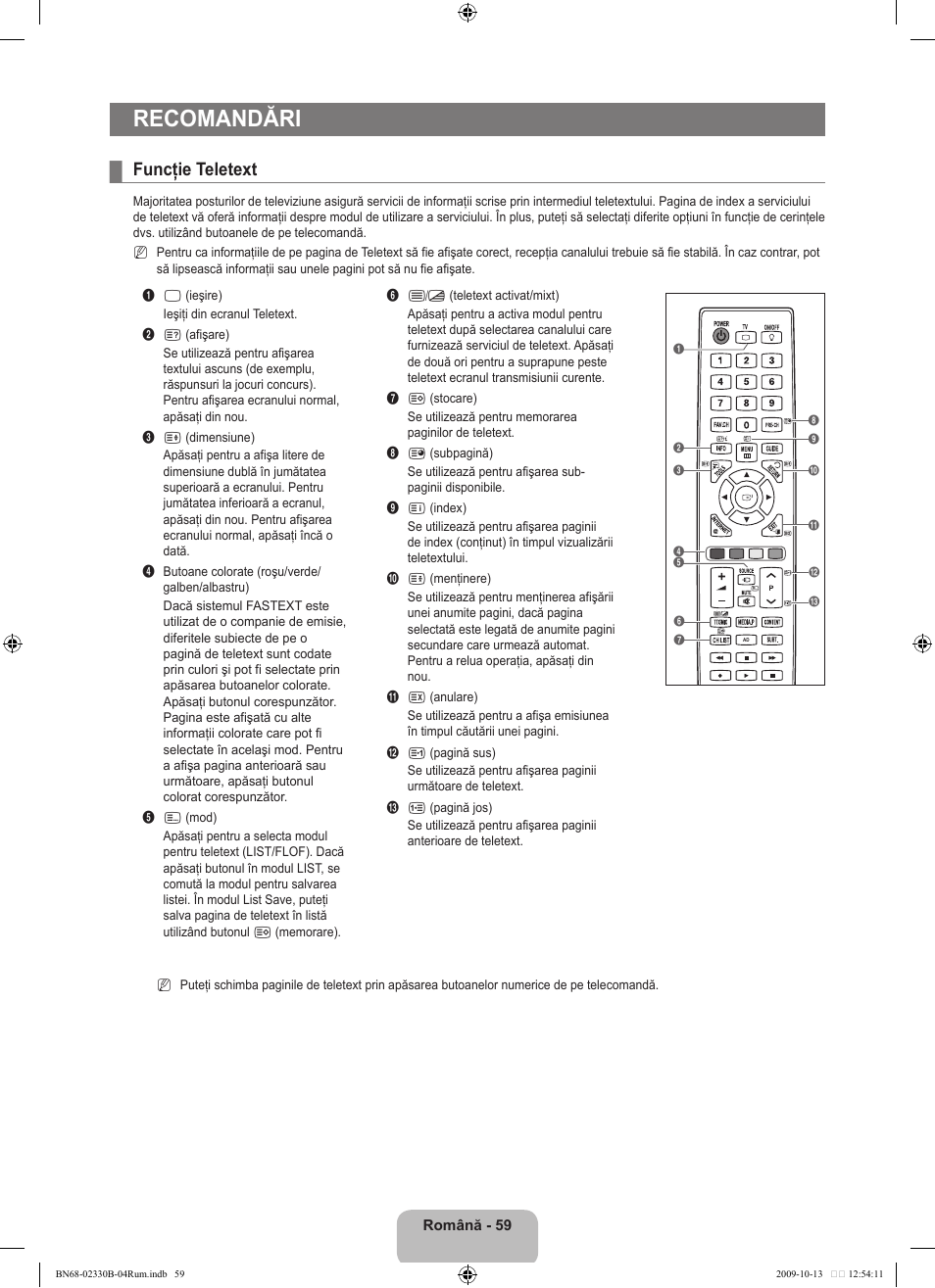 Recomandări, Funcţie teletext | Samsung UE40B8000XW User Manual | Page 619 / 702