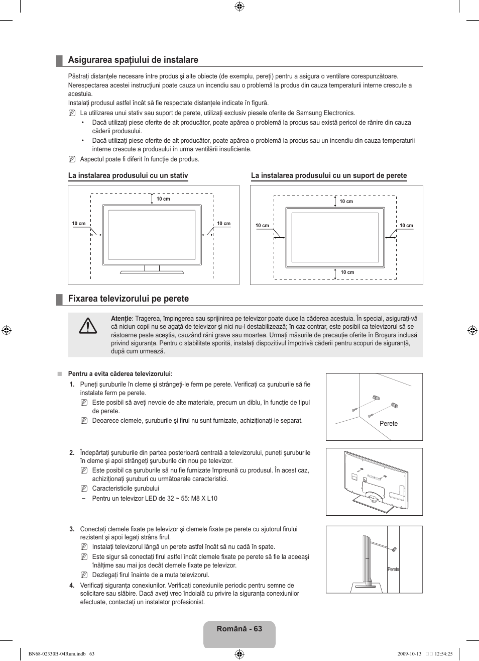 Asigurarea spaţiului de instalare, Fixarea televizorului pe perete | Samsung UE40B8000XW User Manual | Page 623 / 702