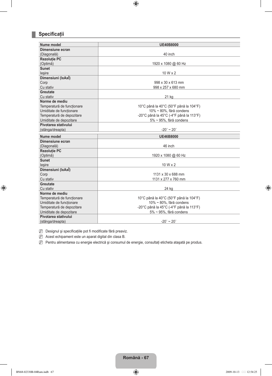 Specificaţii | Samsung UE40B8000XW User Manual | Page 627 / 702