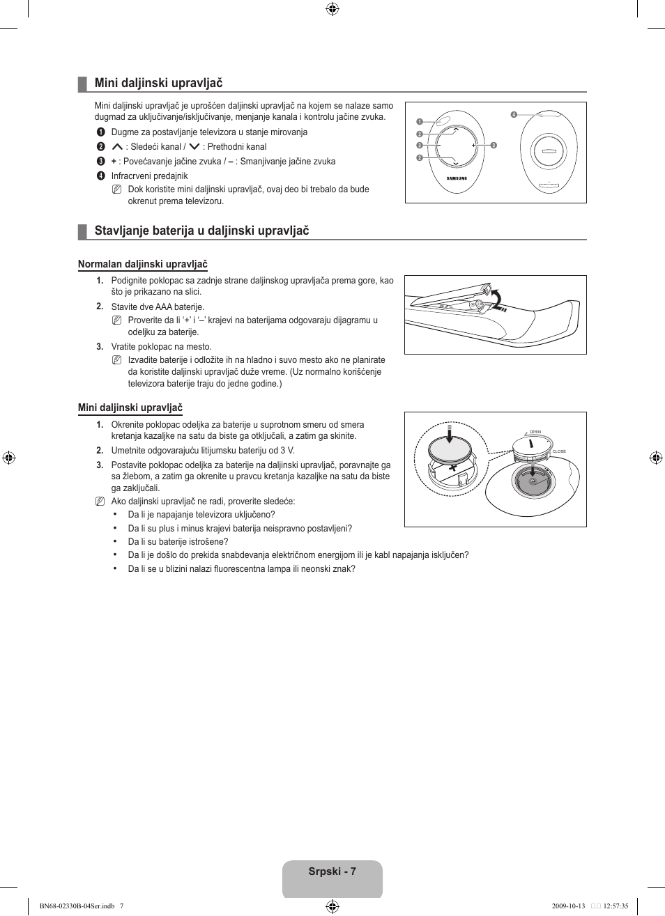 Mini daljinski upravljač, Stavljanje baterija u daljinski upravljač | Samsung UE40B8000XW User Manual | Page 635 / 702