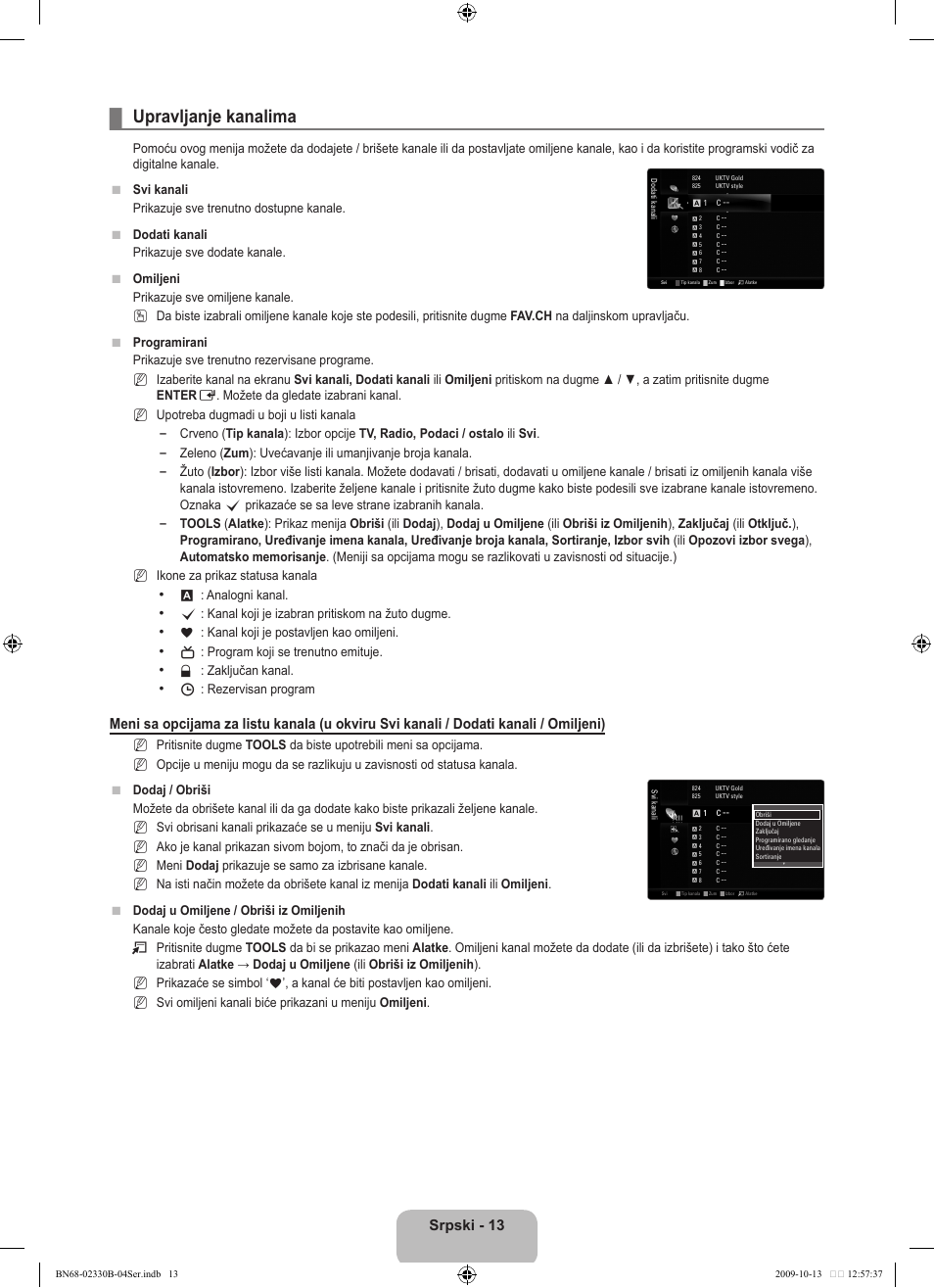 Upravljanje kanalima, Srpski - 13 | Samsung UE40B8000XW User Manual | Page 641 / 702