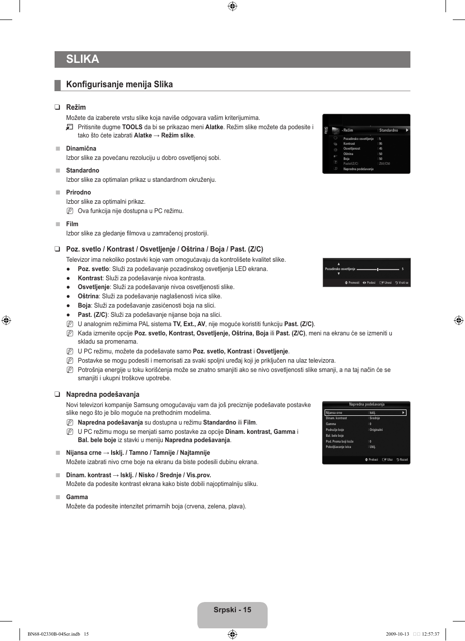 Slika, Konfigurisanje menija slika, Srpski - 15 | Režim, Napredna podešavanja | Samsung UE40B8000XW User Manual | Page 643 / 702