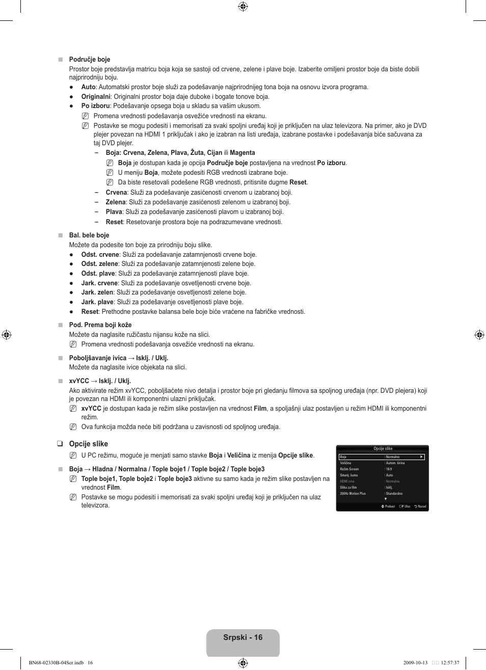 Srpski - 16, Opcije slike | Samsung UE40B8000XW User Manual | Page 644 / 702