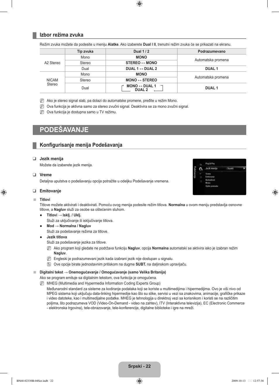 Podešavanje, Izbor režima zvuka, Konfigurisanje menija podešavanja | Samsung UE40B8000XW User Manual | Page 650 / 702