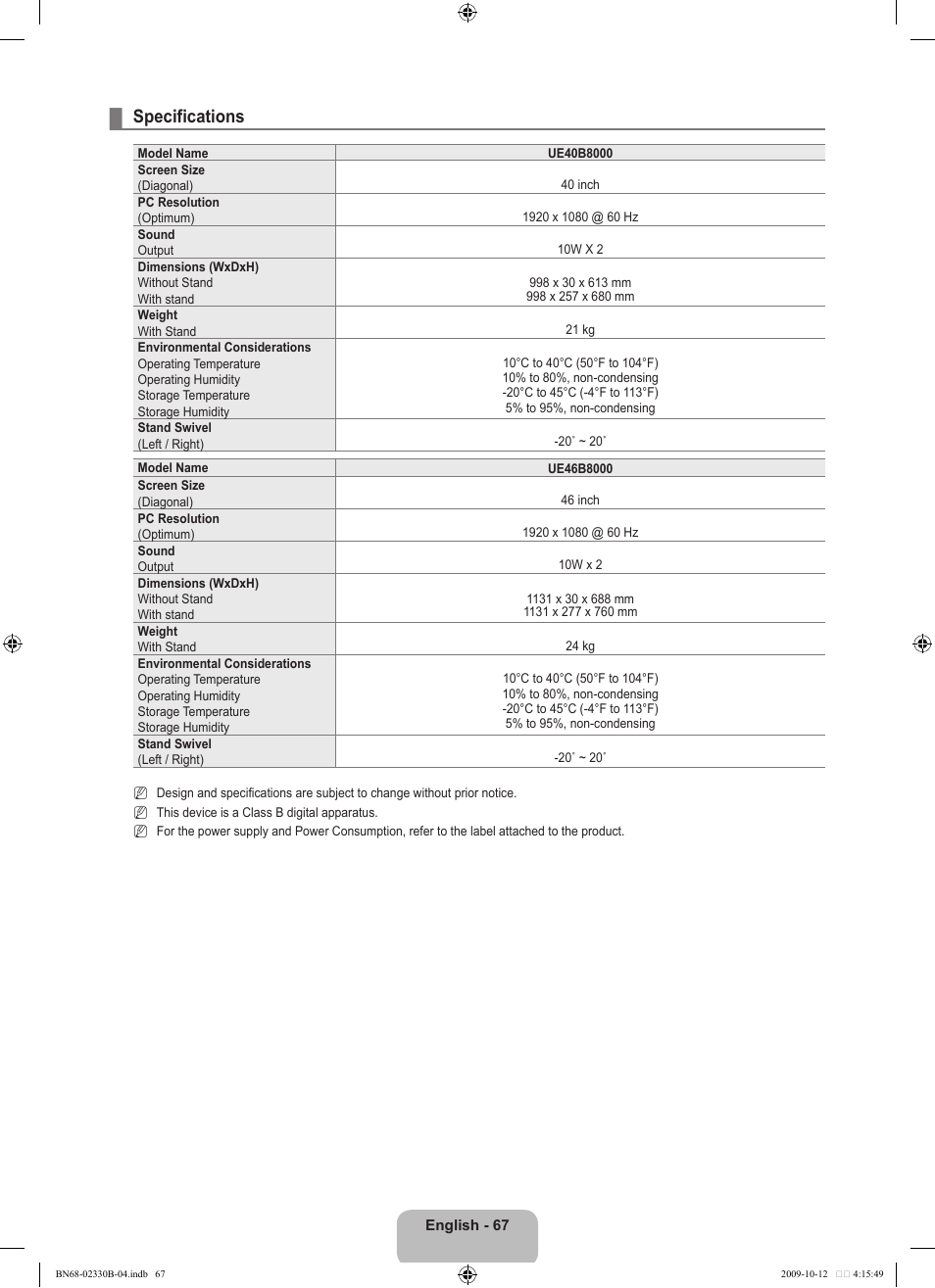 Specifications | Samsung UE40B8000XW User Manual | Page 69 / 702