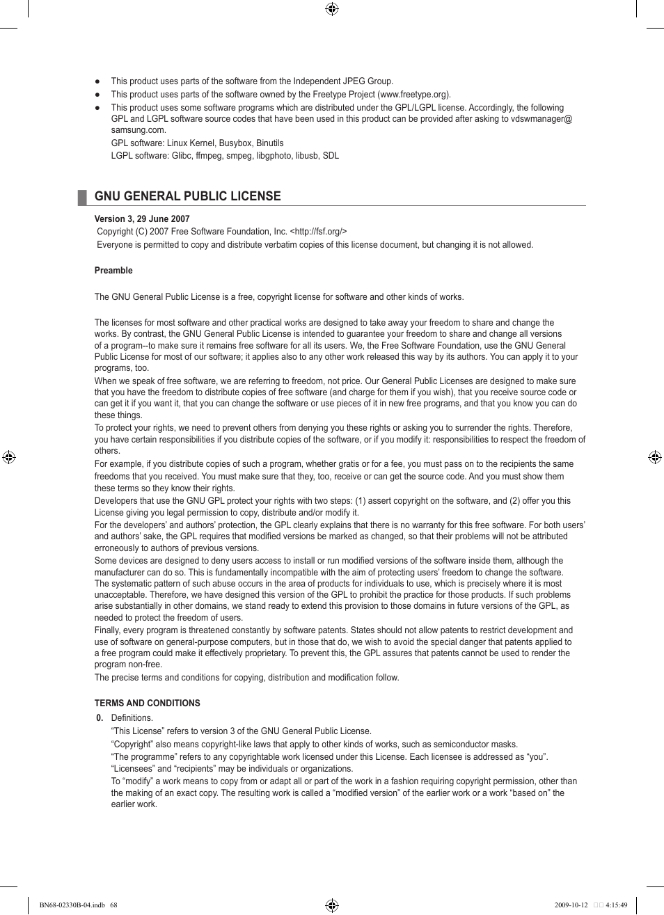 Gnu general public license | Samsung UE40B8000XW User Manual | Page 70 / 702