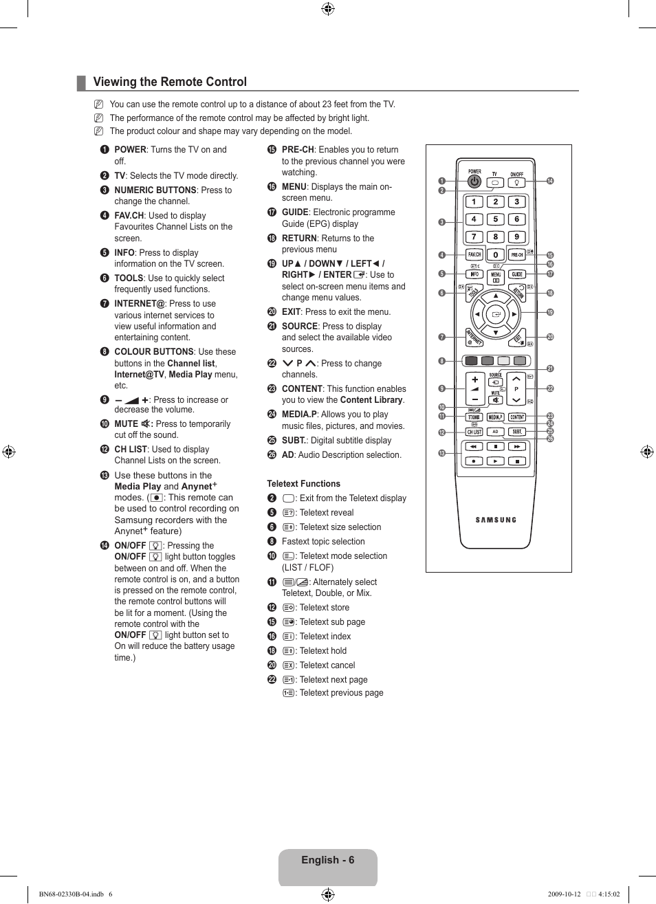 Viewing the remote control | Samsung UE40B8000XW User Manual | Page 8 / 702