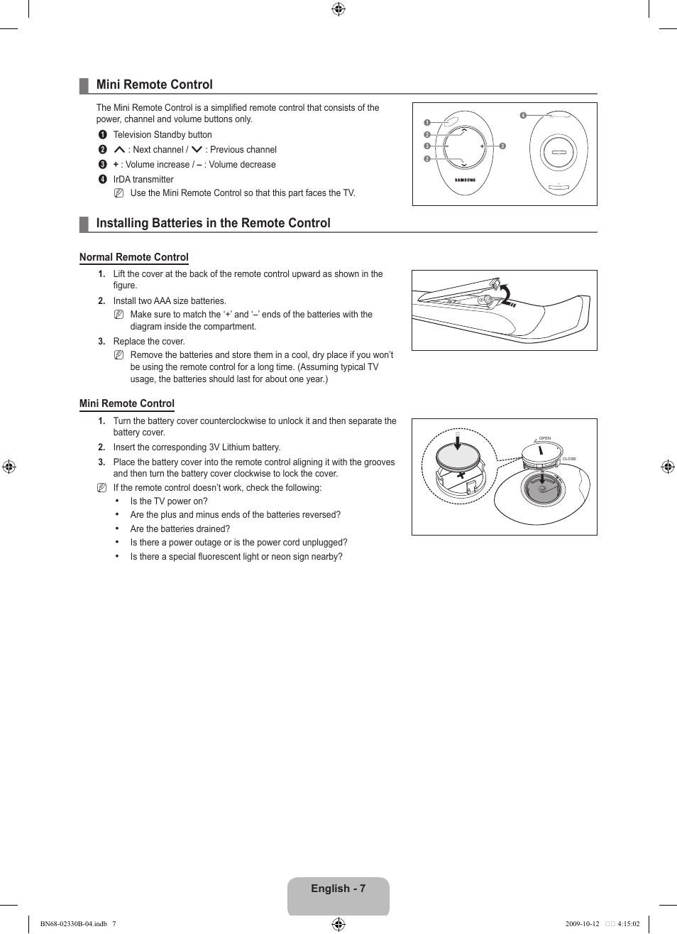 Mini remote control, Installing batteries in the remote control | Samsung UE40B8000XW User Manual | Page 9 / 702