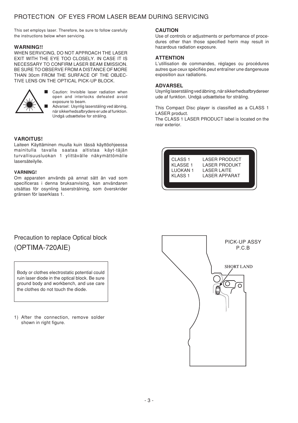 Optima-720aie), Precaution to replace optical block | Aiwa CDC-Z107 User Manual | Page 3 / 36